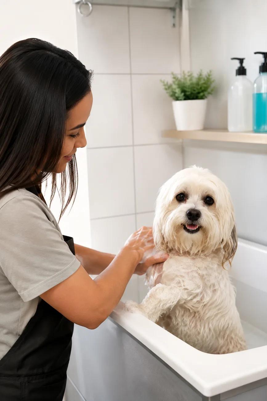 Colaboradora dando banho em um cão