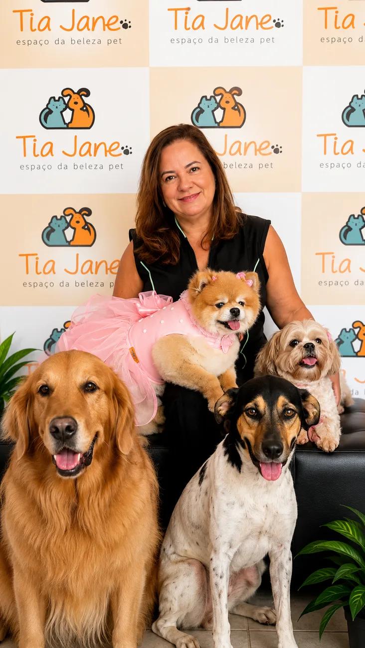 Jane Oliveira com cães atendidos, em frente à parede da marca Tia Jane
