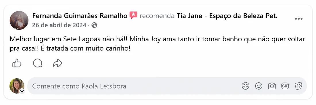 Fernanda Ramalho (abr/2024) recomenda a Tia Jane no Facebook: “Melhor lugar em Sete Lagoas não há! Minha Joy ama tanto ir tomar banho que não quer voltar pra casa. É tratada com muito carinho!”